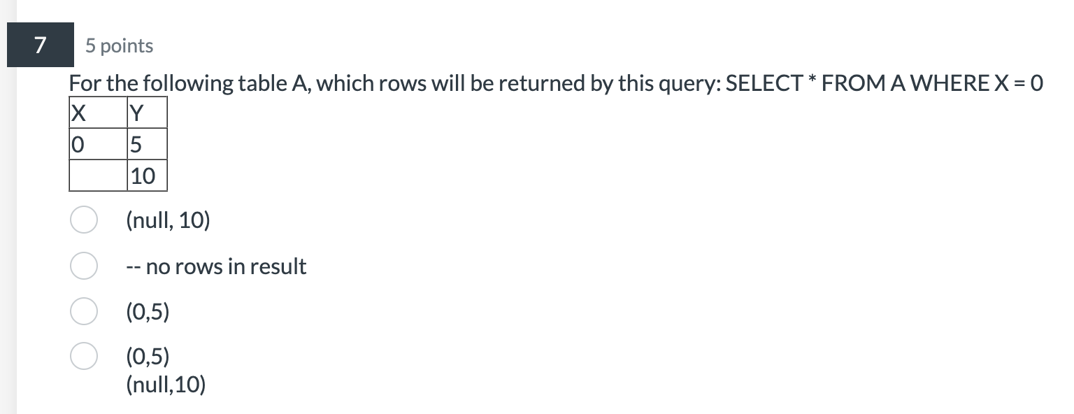 SQL language For the following table A, which rows will be returned