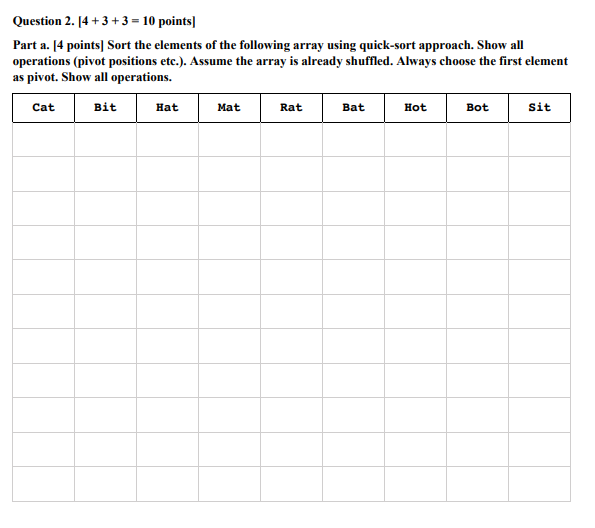  Question 2. [4+3+3=10 points] Part a. [4 points] Sort the elements