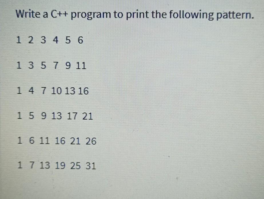  Write a C++ program to print the following pattern. 1 2