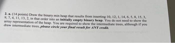  2. a. (14 points) Draw the binary min heap that results