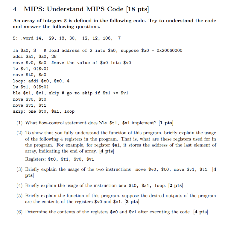  4 MIPS: Understand MIPS Code [18 pts] An array of integers