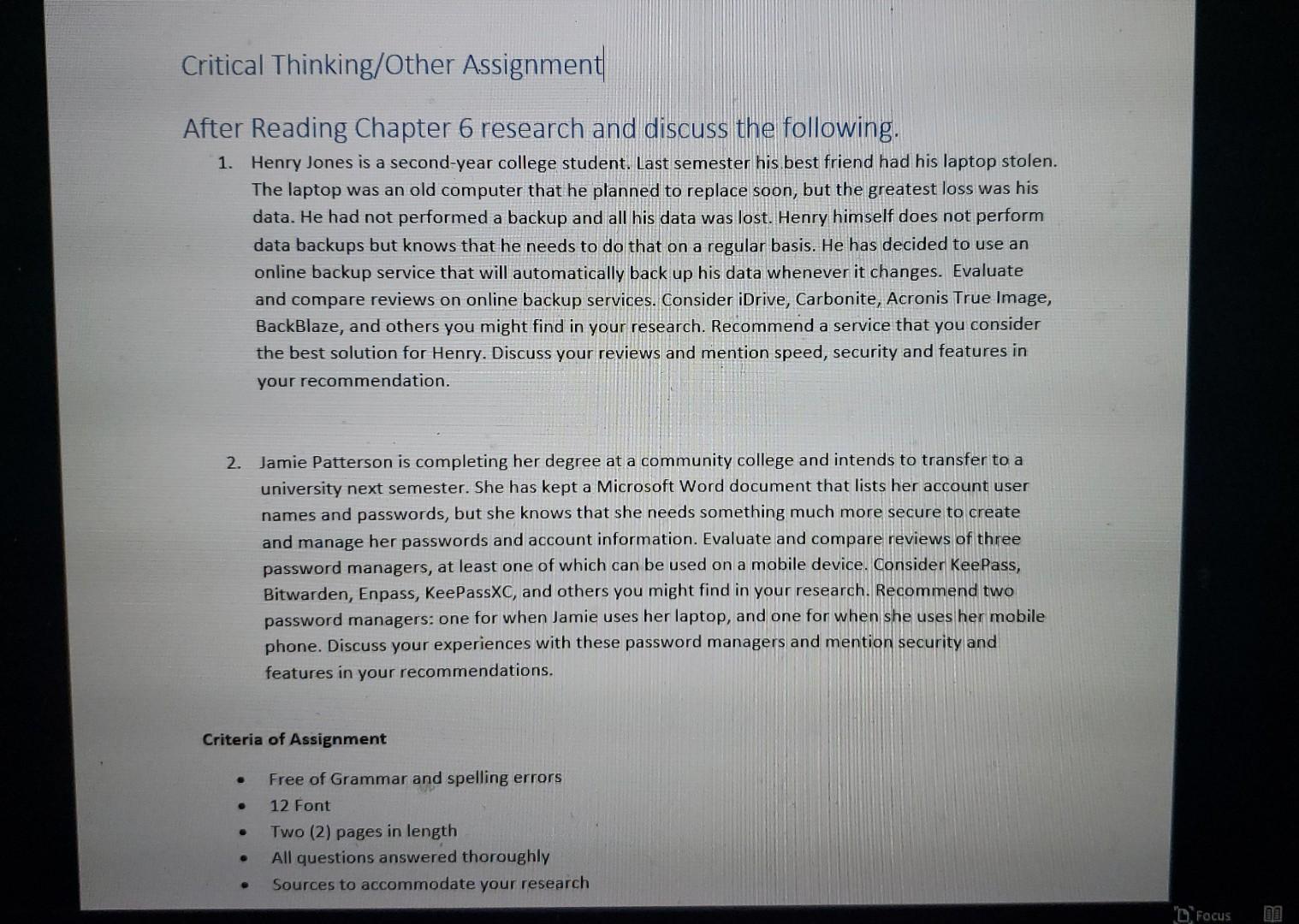  Critical Thinking/Other Assignment After Reading Chapter 6 research and discuss the