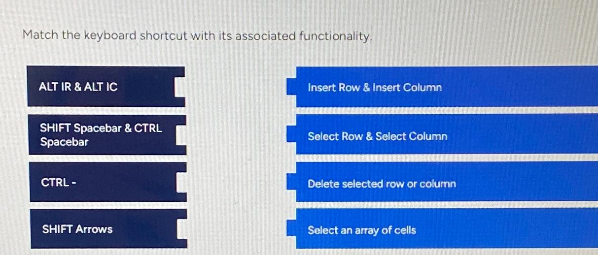  Match the keyboard shortcut with its associated functionality. \table[[ALT IR &