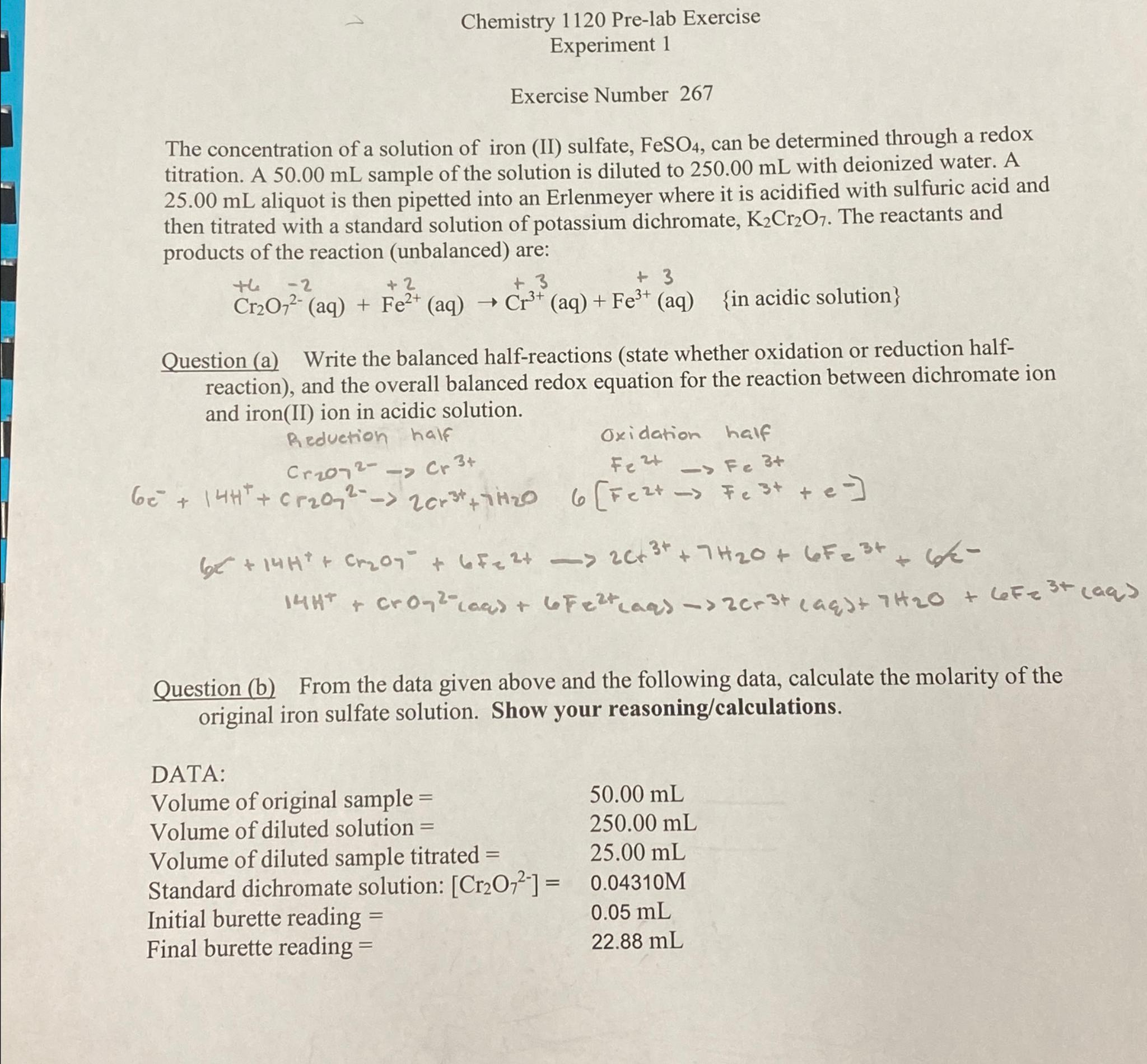  Chemistry 1120 Pre-lab Exercise Experiment 1 Exercise Number 267 The concentration