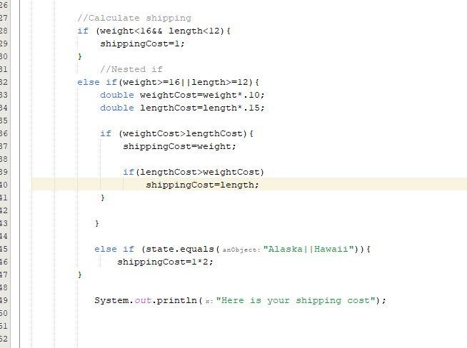 assignment. The code is supposed to calculate shipping rates. I believe the