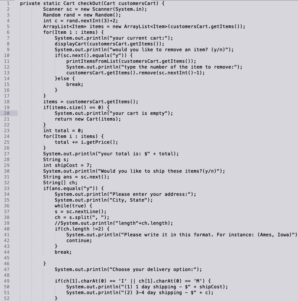 For each problem, study the supplied code, and list the code smells