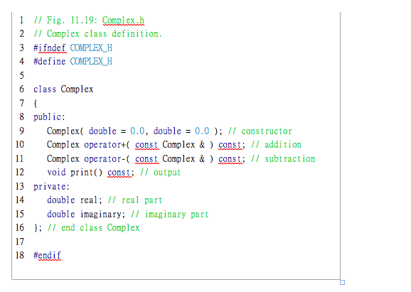 1 I Fig.11.19: Complex.h 2 II Complex class definition 3 #1fndef.COMPLEX_A