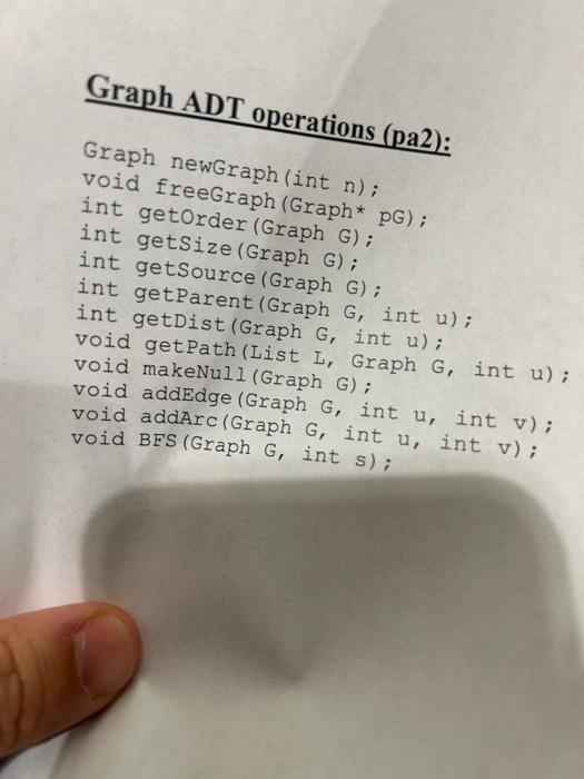  Graph ADT operations (pa2): Graph newGraph (int n ) ; void