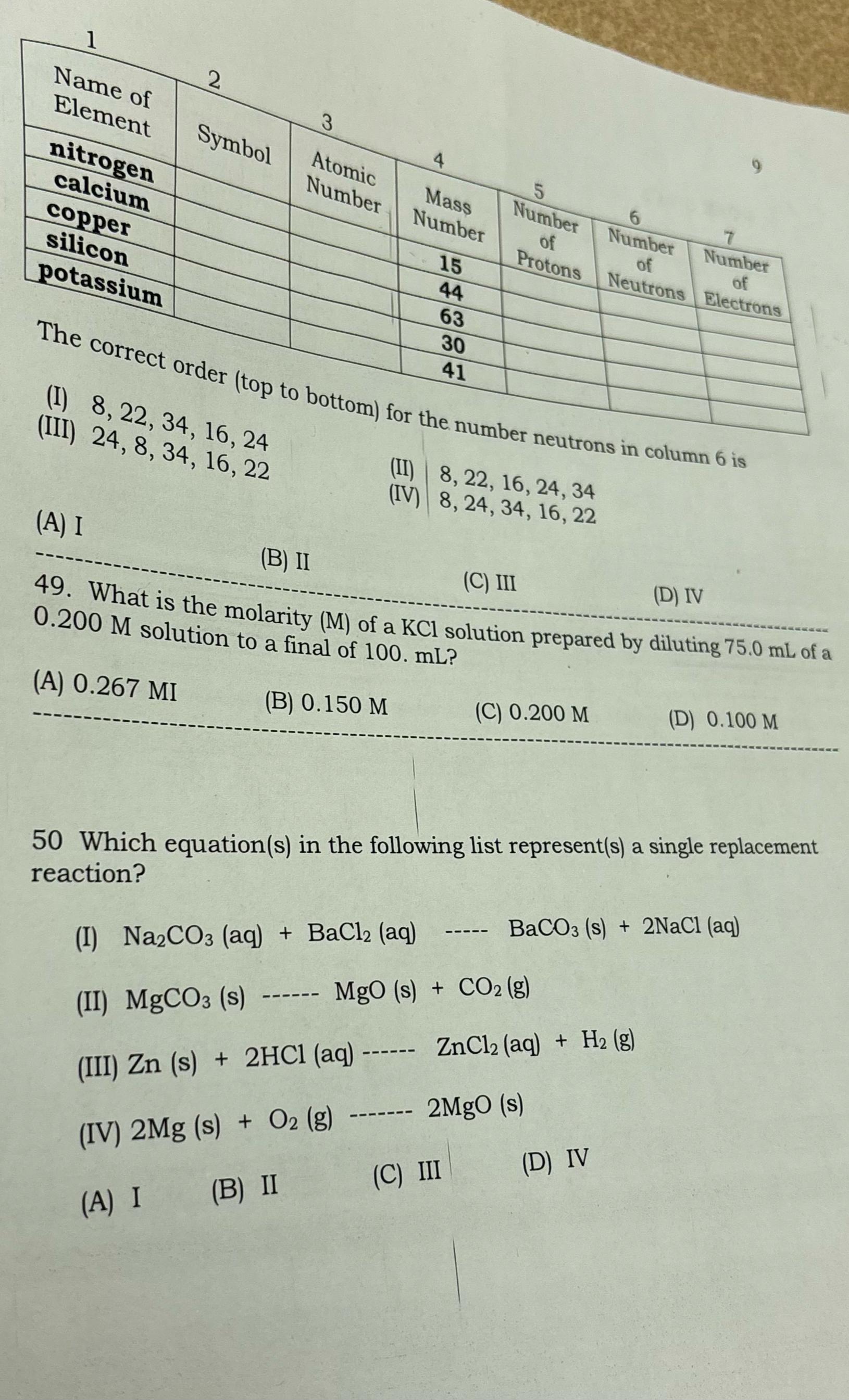  (I)8,22,34,16,24 bottom) for the number neutrons in column 6 is (III)24,8,34,16,22