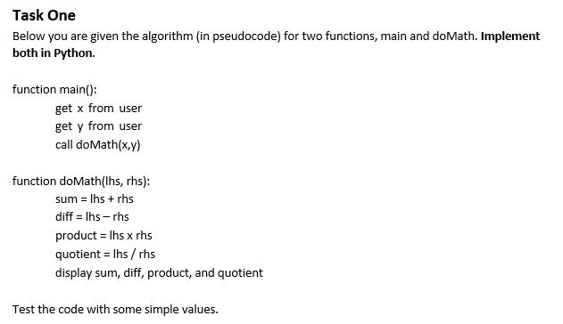 Python programming solution Task One Below you are given the algorithm (in