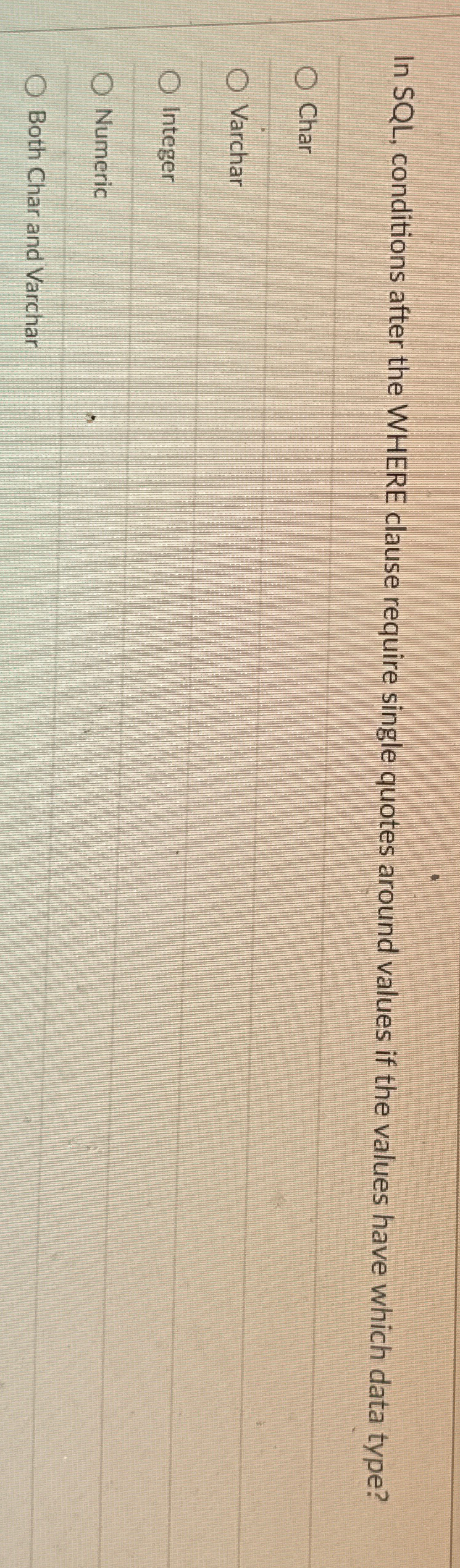  In SQL, conditions after the WHERE clause require single quotes around