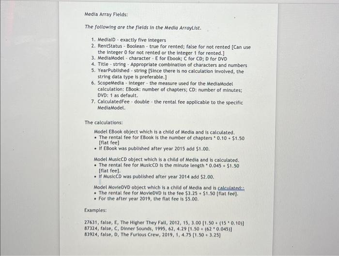 or String) - Functionality: constructor with all the attribute values, o calculate
