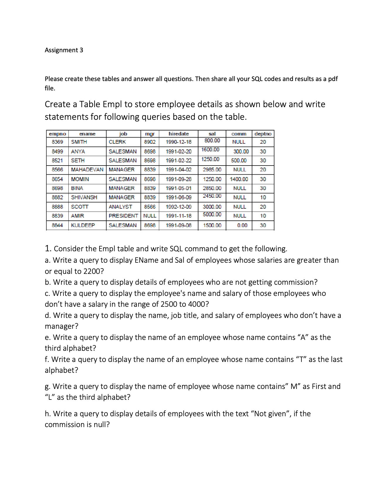  Assignment 3 Please create these tables and answer all questions. Then