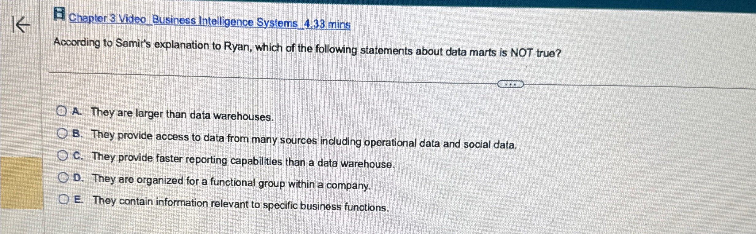  Chapter 3 Video Business Intelligence Systems 4.33 mins According to Samir's