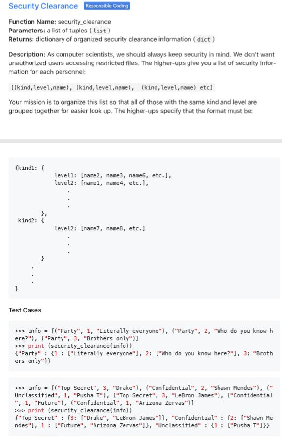 Make sure to check the code with the test cases Security Clearance