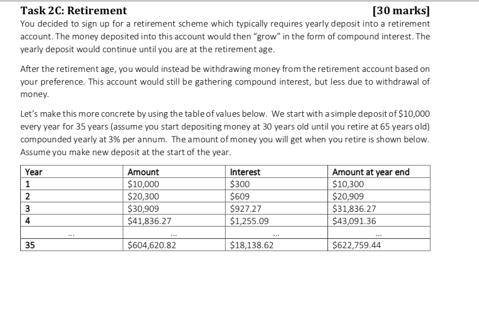 python! Task 2C: Retirement [30 marks] You decided to sign up for