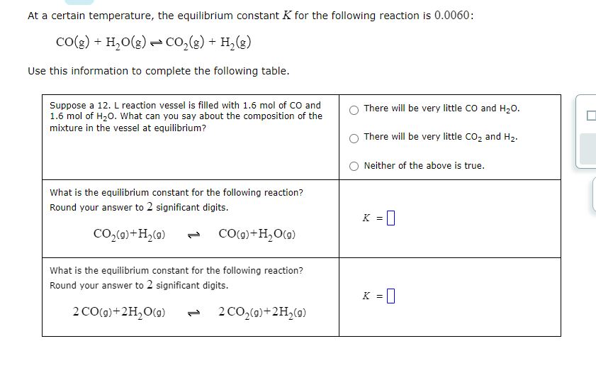  At a certain temperature, the equilibrium constant K for the following