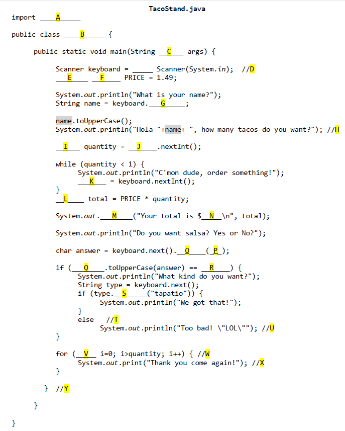 I need help finishing this code for Java TacoStand.java import public class