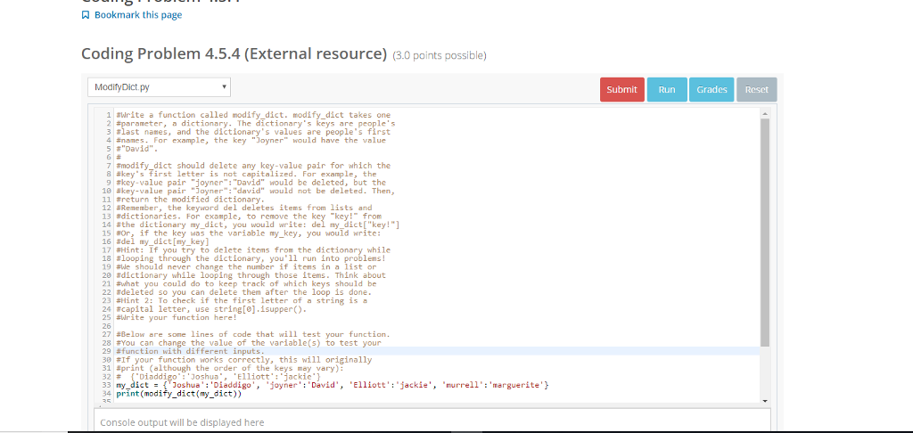 python dictionaries help A Bookmark this page Coding Problem 4.5.4 (External resource)