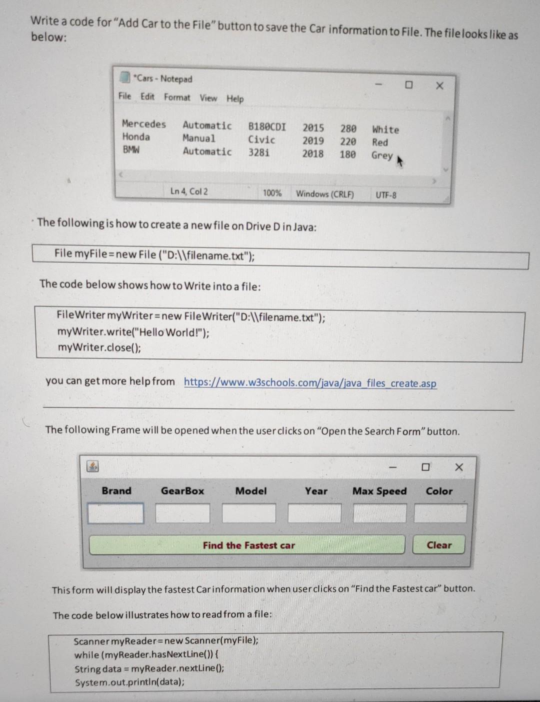 the code for all the questions Implement the following Frame in Java