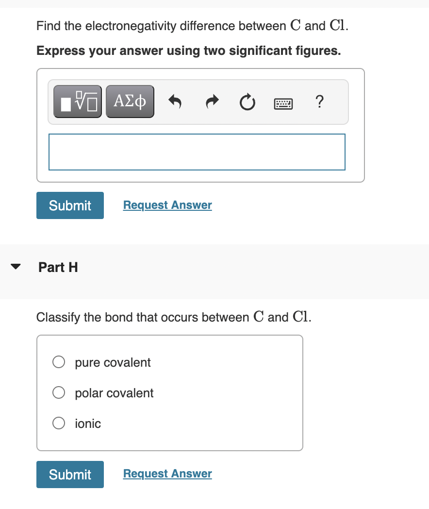  Find the electronegativity difference between C and Cl. Express your answer