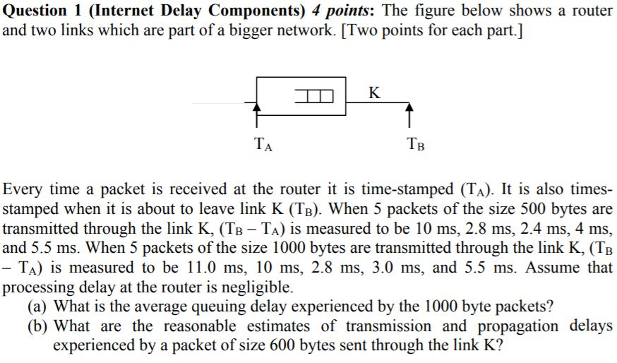  Question 1 (Internet Delay Components) 4 points: The figure below shows