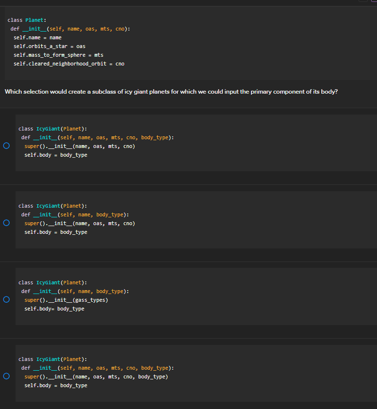 is the \{self.name\}' class Planet(solarsystem): def _init_(self, name): self.name = name self.orbits_a_star