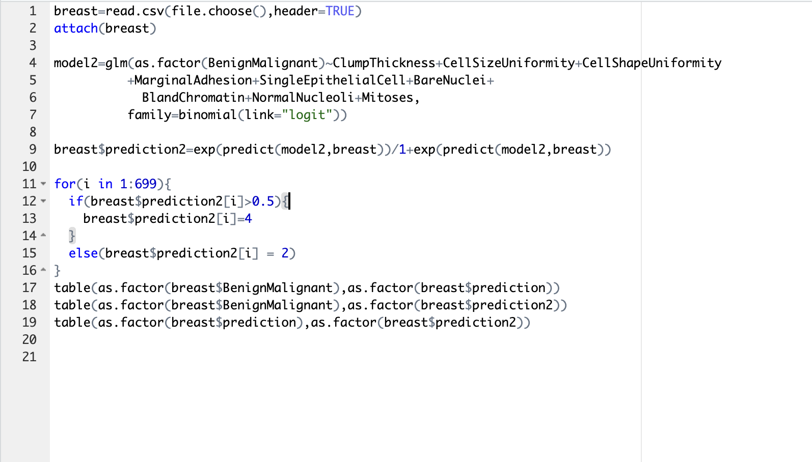  breast=read. file. choose (), header=TRUE) attach(breast) model2=glm(as . factor(BenignMalignant) ClumpThickness+CellSizeUniformity+CellShapeUniformity +MarginalAdhesion+SingleEpithelialCell+BareNuclei+