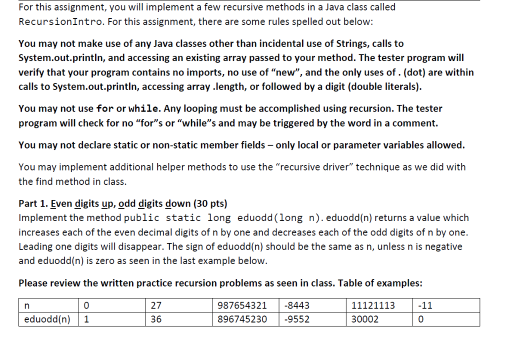  Java Introduction to Recursion Assigment Note: Use the test code to