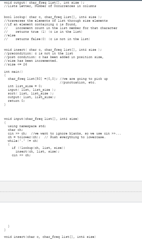 text and output a list of all the letters that occur in