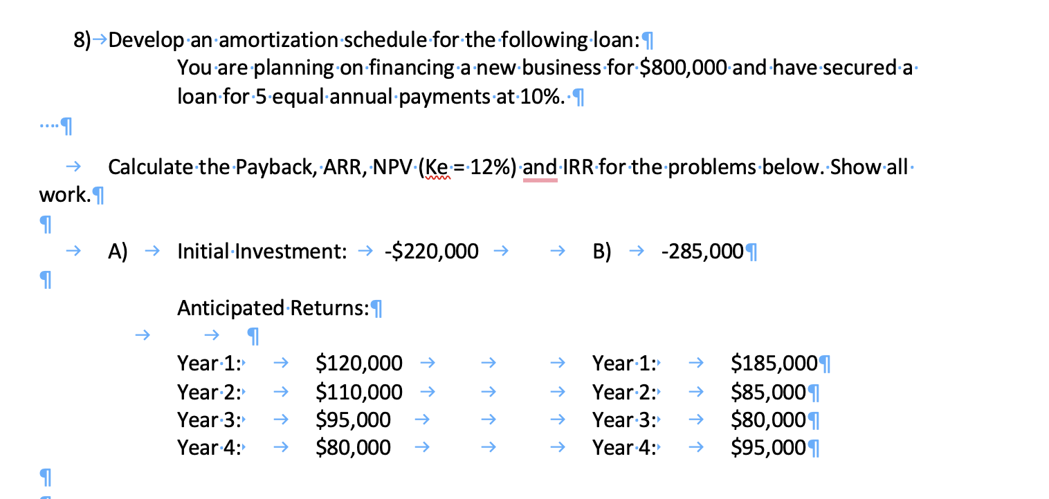  8) Develop an amortization schedule for the following loan: You are