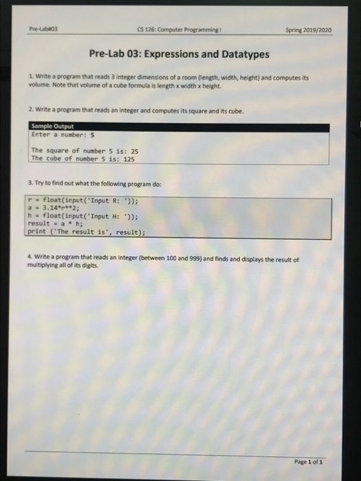  CS 126: Computer Programming Spring 2019/2020 Pre-Lab 03: Expressions and Datatypes