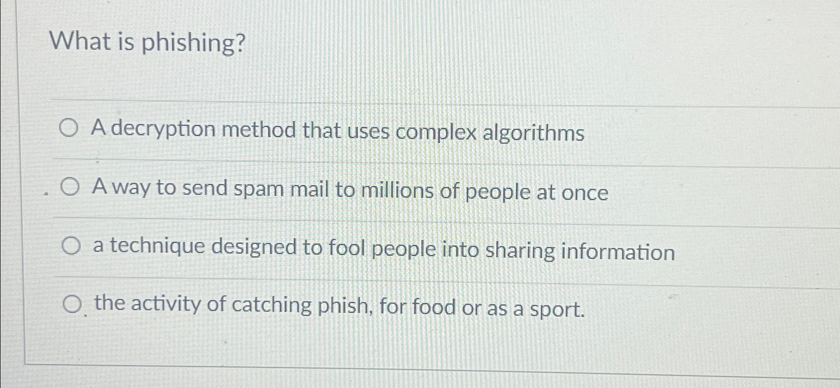  What is phishing? A decryption method that uses complex algorithms A