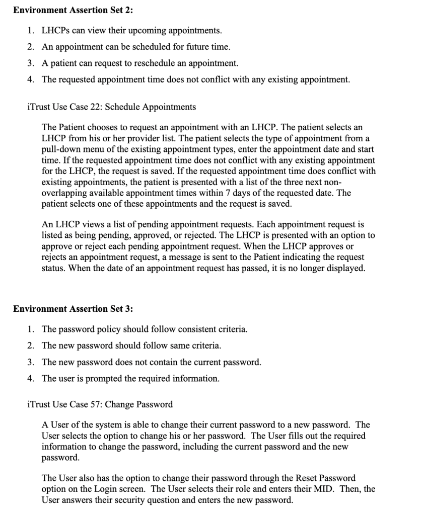 environment assertions and an iTrust use case for each set to provide