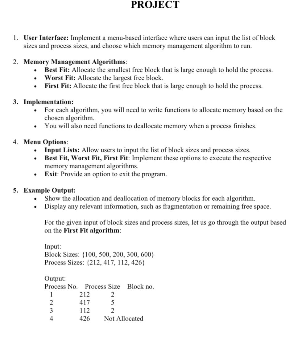  PROJECT User Interface: Implement a menu-based interface where users can input