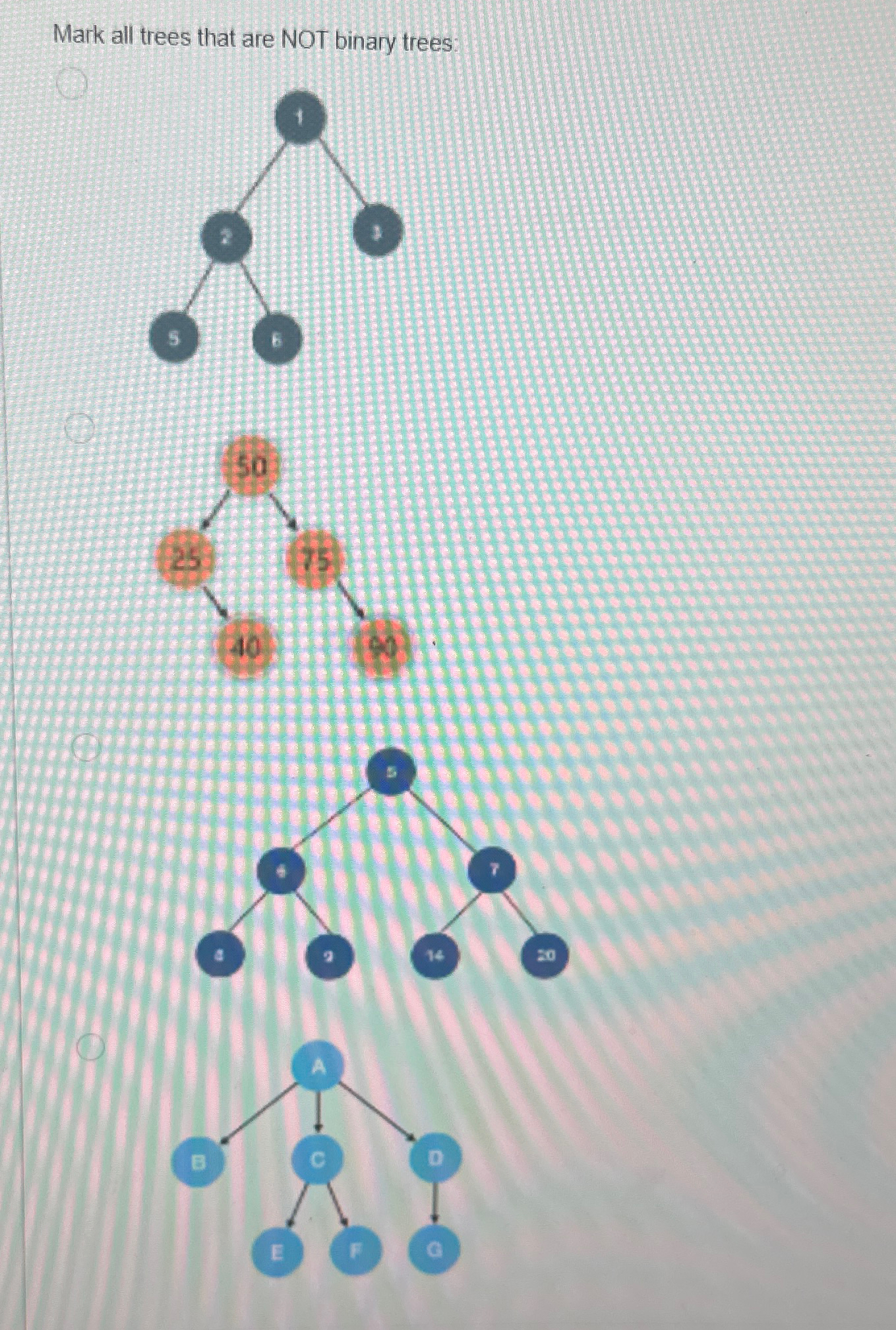  Mark all trees that are NOT binary trees: 