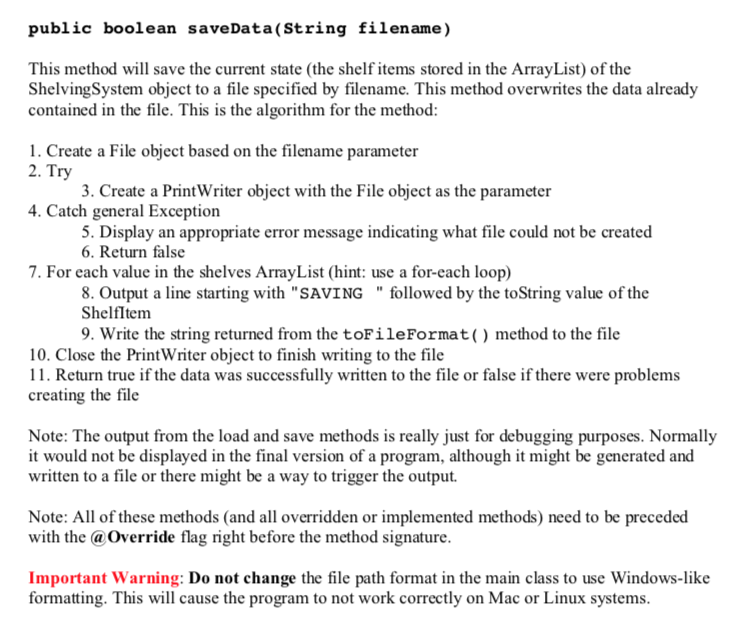filename): boolean + saveData( String filename ): boolean Note: As a reminder,