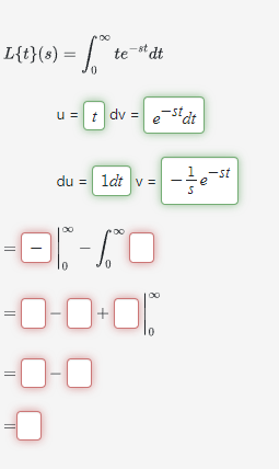  code class="asciimath">L{t}(s)=\int_0^(\infty ) te^(-st)dt u=,dv=du==|0-0=,-|0 