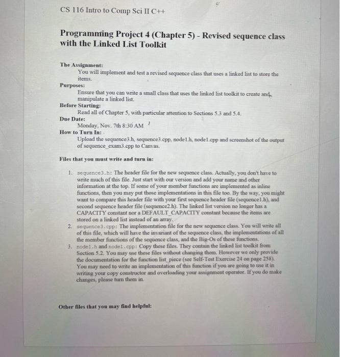 c++ code please! Programming Project 4 (Chapter 5) - Revised sequence class