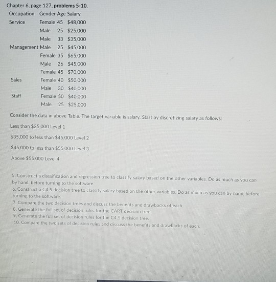  Chapter 6, page 127, problems 5-10. Occupation Gender Age Salary Service