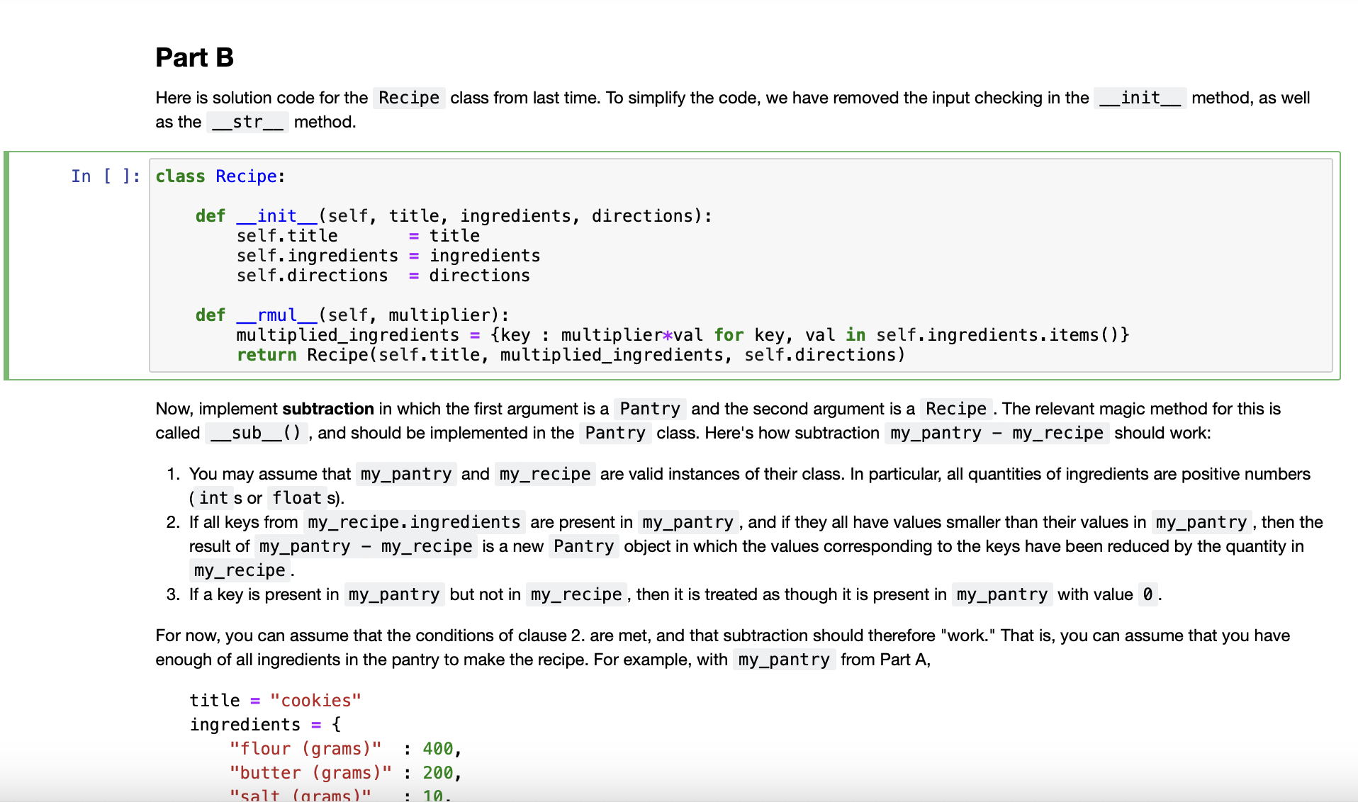  Part B Here is solution code for the Recipe class from