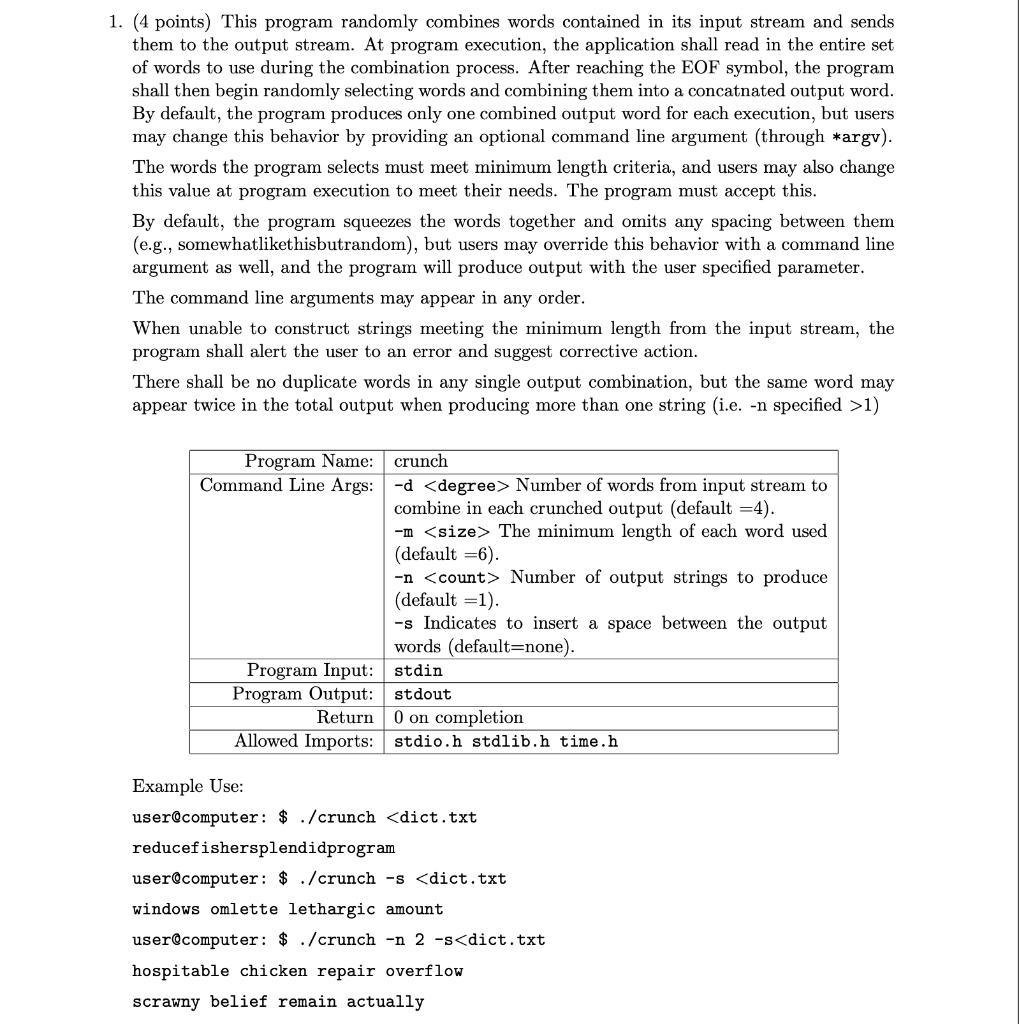 use C languages 1. (4 points) This program randomly combines words contained