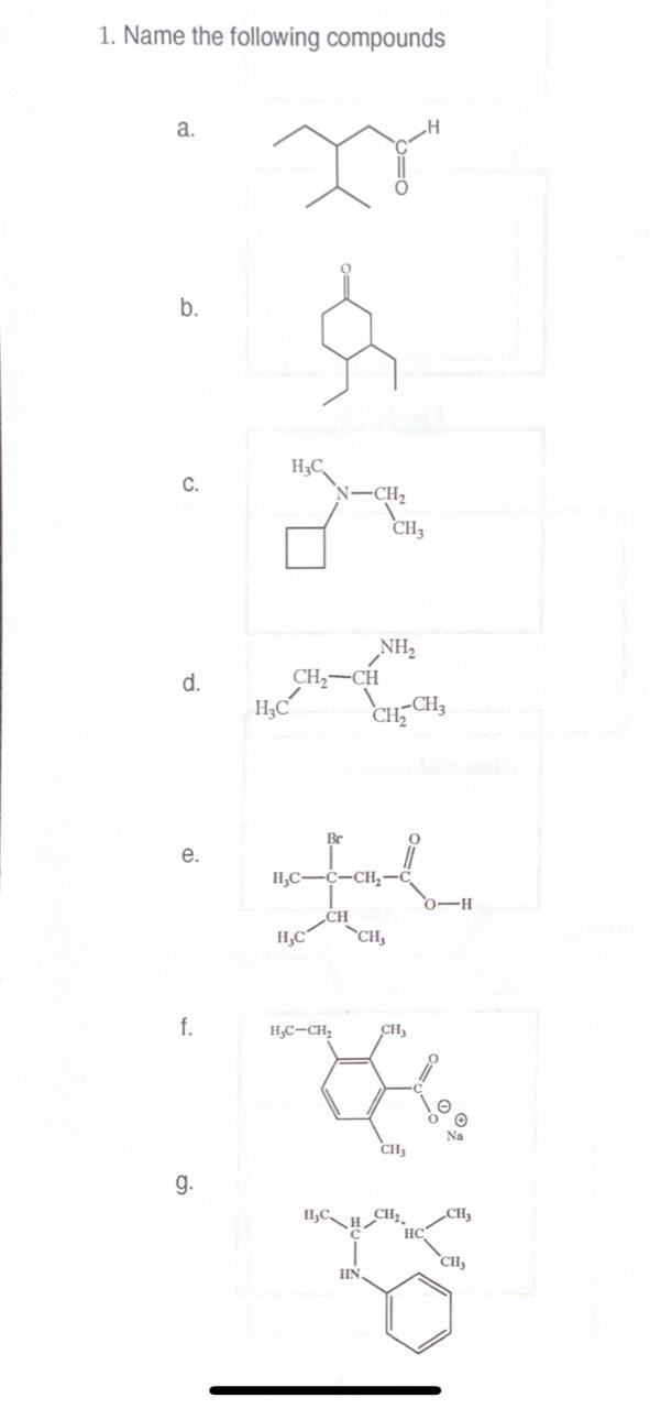  1. Name the following compounds a. b. c. d. e. f.