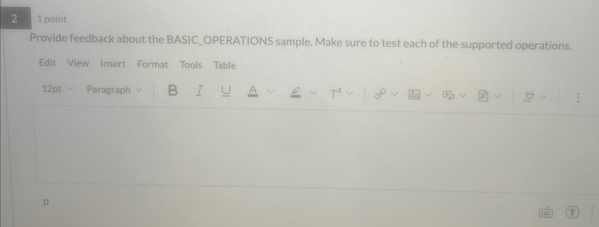  21 point Provide feedback about the BASIC_OPERATIONS sample. Make sure to