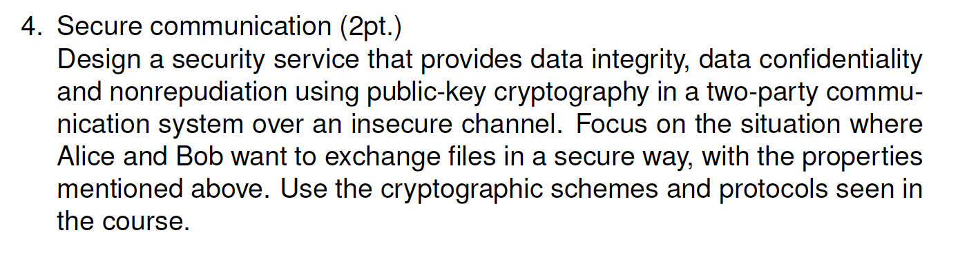  Secure communication (2pt.) Design a security service that provides data integrity,