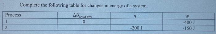 please answer all parts Complete the following table for changes in energy