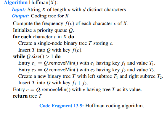 In Java implement the Huffman coding algorithm in Code Fragment 13.5 and