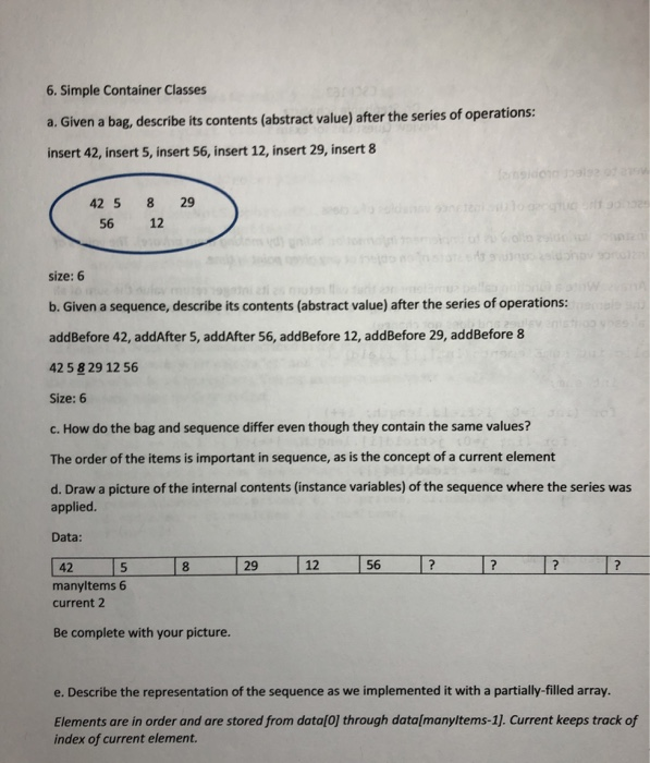 describe its contents (abstract value) after the series of operations: insert 42,