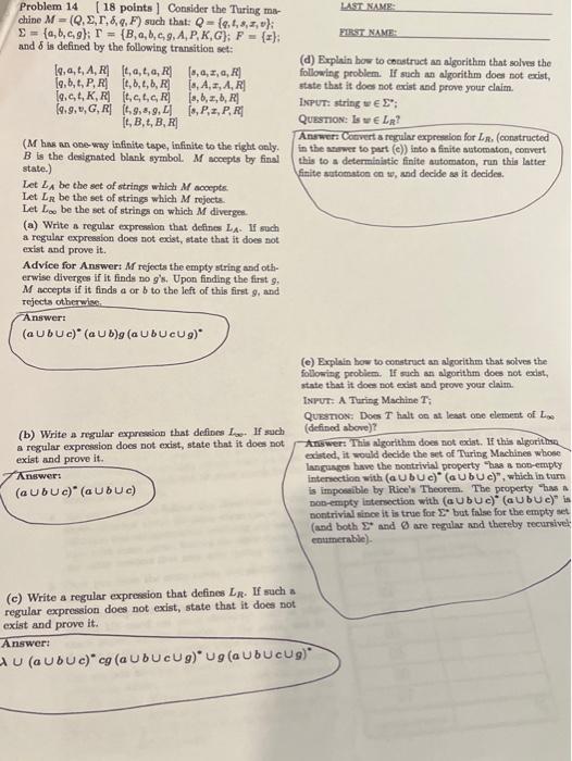 Explain how these answers are calculated: Problem 14 [ 18 points] Consider