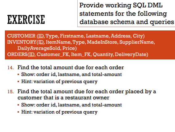 Database Systems Provide working SQL DML statements for the following database schema